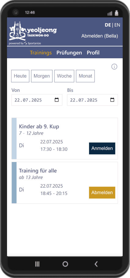 Sportanize Kampfsport-App Screenshot einer Anmeldung zum Taekwondo-Training