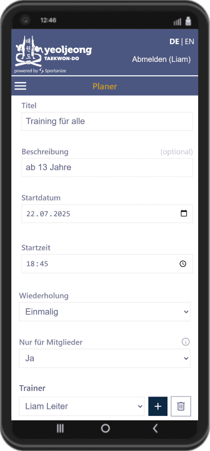 Sportanize Screenshot: Trainingsplaner zum Anlegen neuer Kalendereinträgen zur Trainingsverwaltung in einer Taekwondo-Schule