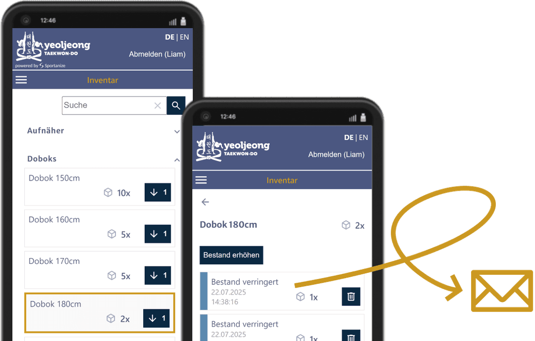 Inventarverwaltung in der Sportanize Software - Überblick über Kampfsportartikel mit Lagerbeständen und Warnmeldungen