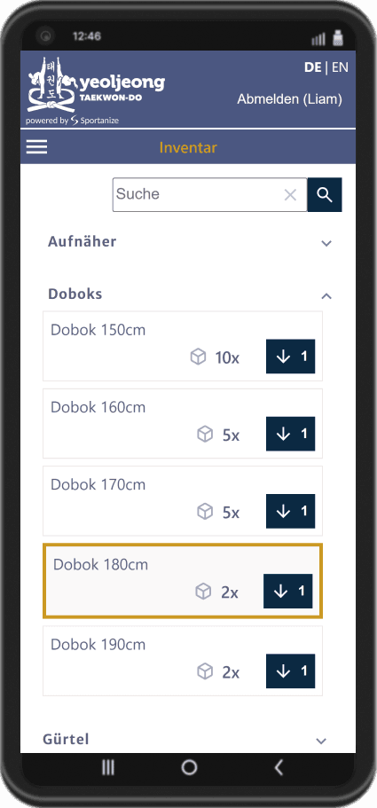 Sportanize App Screenshot der Inventar-Funktion für Kampfsport-Artikel
