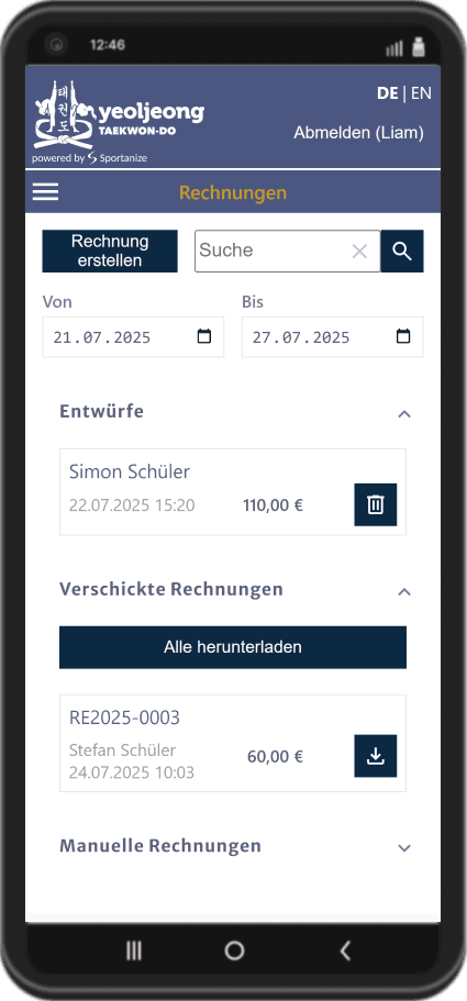 Sportanize Screenshot: Übersicht aller Rechnungen eines Kampfsportvereins mit Funktionen zur einfachen Verwaltung von Zahlungen und Mitgliedsbeiträgen