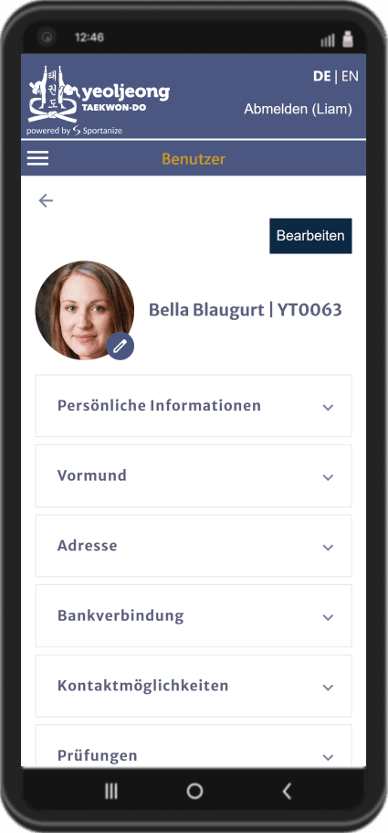 Sportanize App Screenshots der Profilfunktion zur Mitgliederverwaltung der Taekwondo-Schule