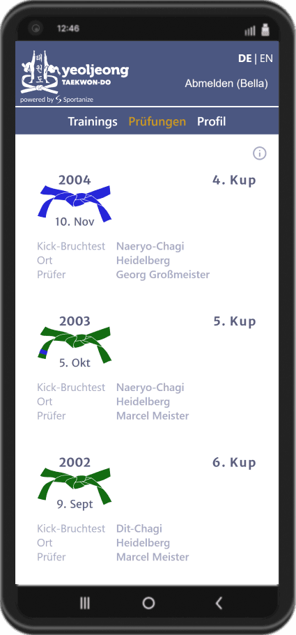 Sportanize Screenshot: Prüfungverwaltung und Prüfungsübersicht eines Taekwondo-Schülers mit Gürtelgraden und Prüfungsdaten