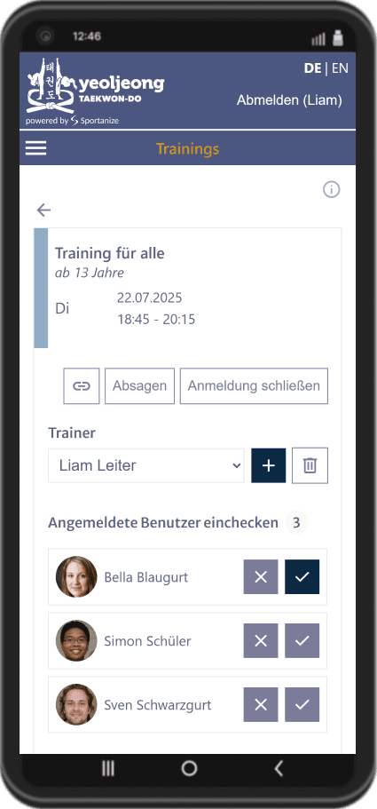 Sportanize Screenshot: Trainingsübersicht mit angemeldeten Schülern und Details zum Training in einer Taekwon-Do Schule