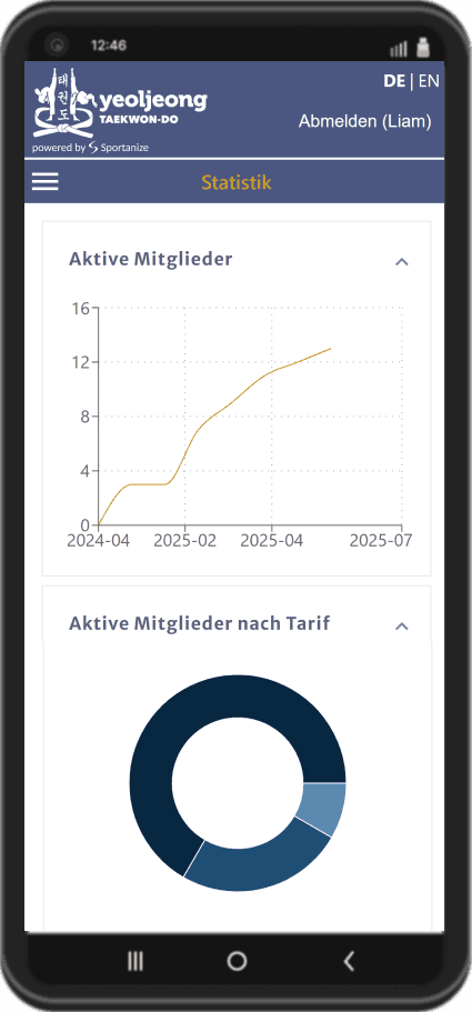Sportanize Software Screenshot der Statistikfunktion zur Auswertung der Kampfsportschule