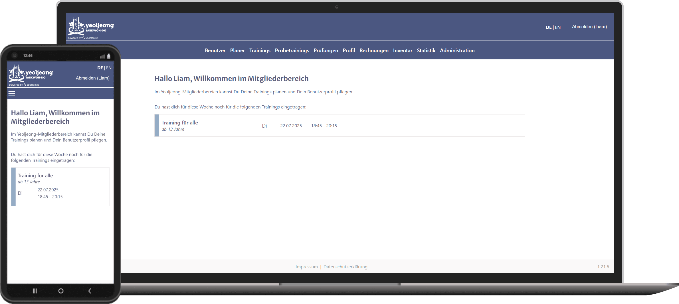 Laptop und Smartphone zeigen die Sportanize App - Software zur Verwaltung von Taekwondo-Schulen und Vereinen
