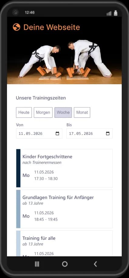 Screenshot deiner Webseite: Eingebundener Trainingskalender auf der Webseite synchronisiert mit den App-Trainingszeiten in der Taekwon-Do Schule