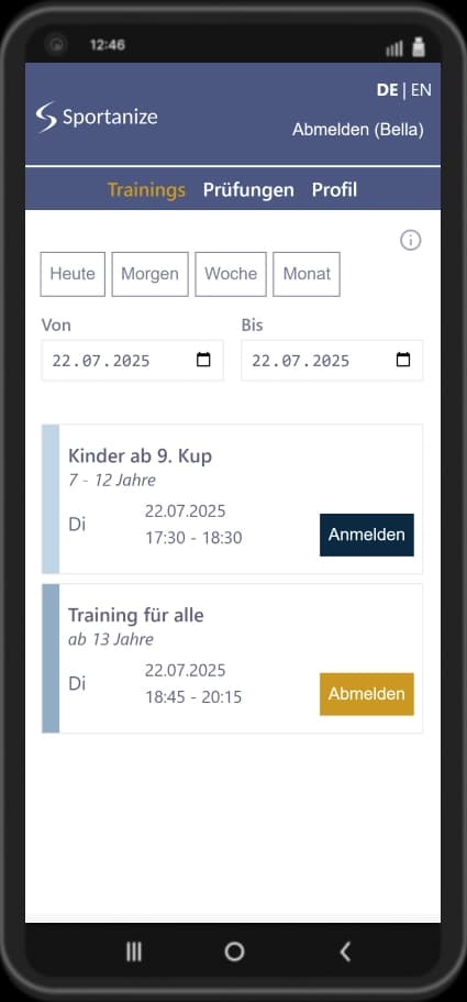 Sportanize Screenshot: Trainingsübersicht mit Anmeldung für Schüler zum Taekwondo-Training in Kampfsportschule