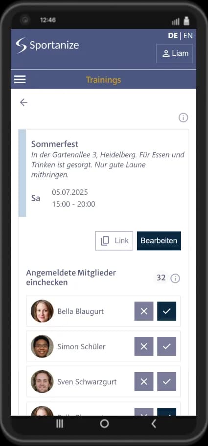 Sportanize Screenshot: Sommerfest-Anmeldung mit Details zum Event und angemeldeten Mitgliedern der Taekwon-Do Schule