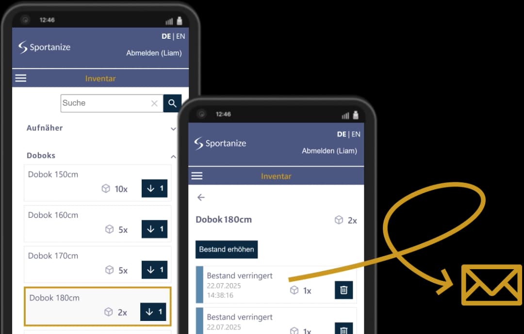 Inventarverwaltung in der Sportanize Software - Überblick über Kampfsportartikel mit Lagerbeständen und Warnmeldungen