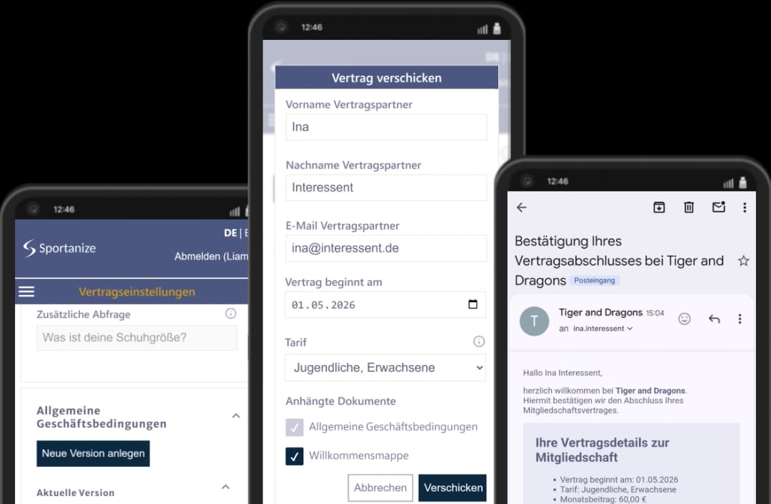 Drei Ansichten der Sportanize Online-Mitgliedsverträge: Einstellungen wie AGBs, Vertrag verschicken und E-Mail an Mitglied nach digitaler Unterschrift.