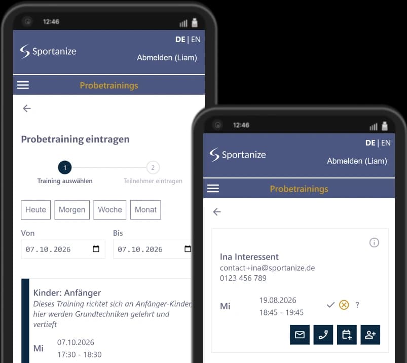 Probetrainingsübersicht in der Sportanize Kampfsport-App - Buchungen, Kontaktmöglichkeiten und Anwensenheiten auf einen Blick
