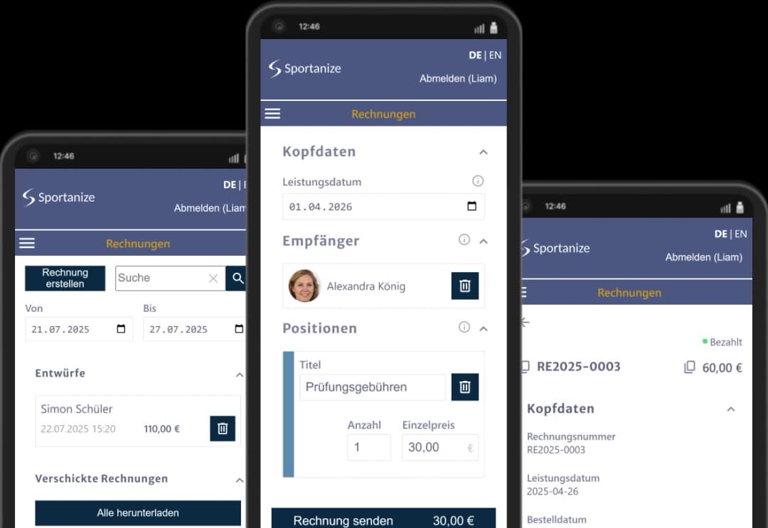 Rechnungsübersicht in der Sportanize Software - Beiträge und Gebühren automatisch per E-Mail an Mitglieder senden