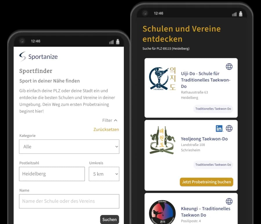 Screenshots des Sportfinders zeigt die kostenlose Sichtbarkeit für Schulen und Vereine