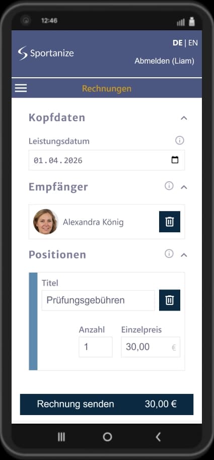 Sportanize Screenshot: Übersicht aller Rechnungen eines Kampfsportvereins mit Funktionen zur einfachen Verwaltung von Zahlungen und Mitgliedsbeiträgen