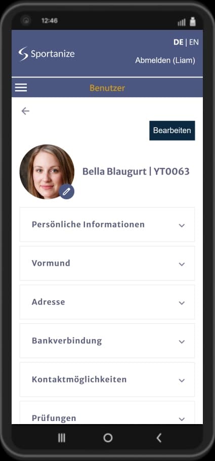Sportanize Screenshot: Schülerprofil mit Stammdaten, Foto und Übersicht vergangener Prüfungen zur Mitgliederverwaltung der Taekwondo-Schule