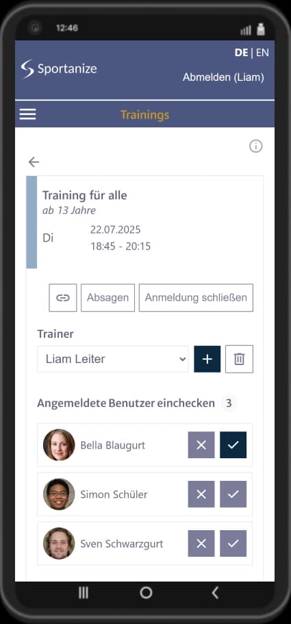 Sportanize Screenshot: Schülerprofil mit Stammdaten, Foto und Übersicht vergangener Prüfungen zur Mitgliederverwaltung der Taekwondo-Schule