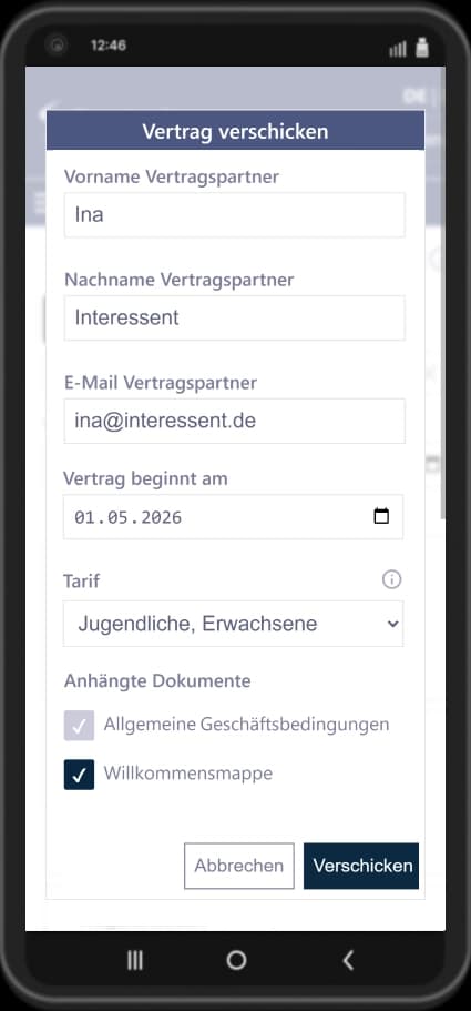 Sportanize Screenshot: Abschicken eines Online-Vertrags mit 5 Feldern