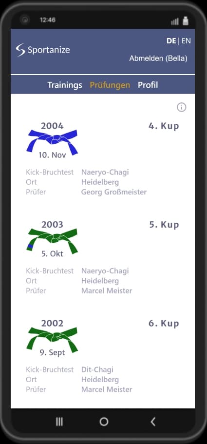 Sportanize Screenshot: Prüfungverwaltung und Prüfungsübersicht eines Taekwondo-Schülers mit Gürtelgraden und Prüfungsdaten