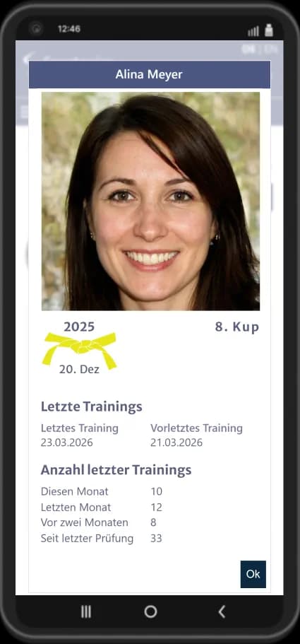 Sportanize Screenshot: Anwesenheitsübersicht und Statistik eines Mitglieds mit Gürtelgrad und letzten besuchten Trainings