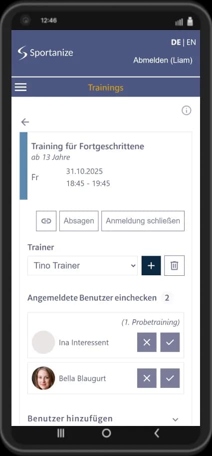 Sportanize Screenshot: Training mit Anmeldungen der Schüler zum Training inklusive Probetrainingsanmeldungen in einer Taekwondo-Schule